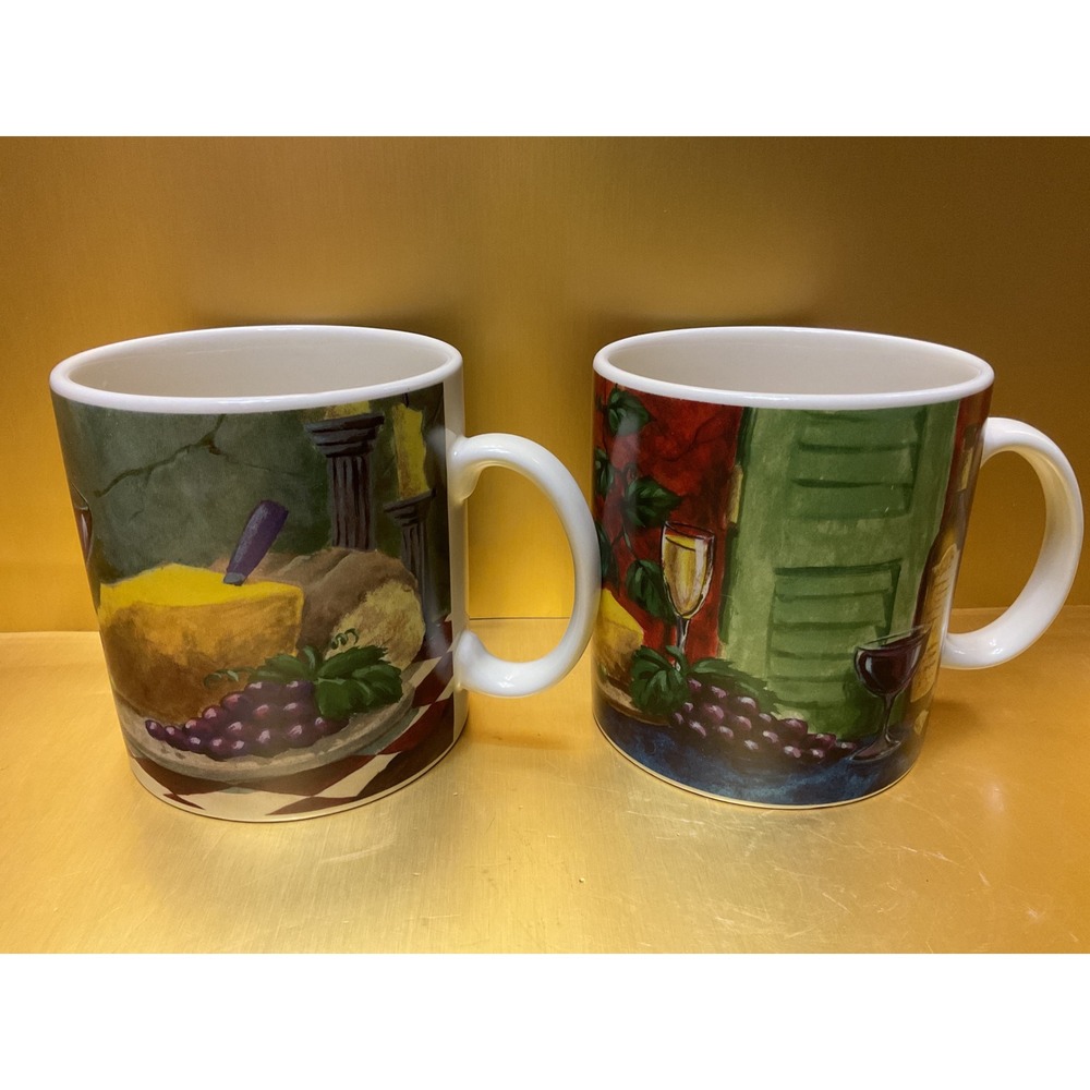 Vintage Papel Giftware Wine and Cheese Still Life Ceramic Coffee Mugs Set of 2